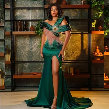 Новое поступление Зеленые бисерные атласные африканские выпускные платья с 3D с открытыми плечами Сексуальное разрез Черные девушки Вечернее платье Aso Ebi Party Платья