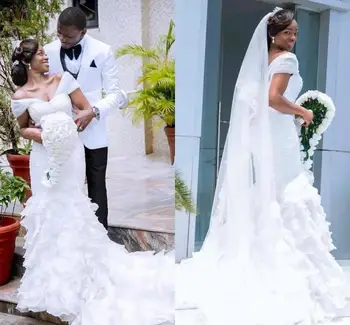 Новый африканский удивительный свадебное платье русалки с оборками с открытыми плечами Свадебное платье больших размеров
