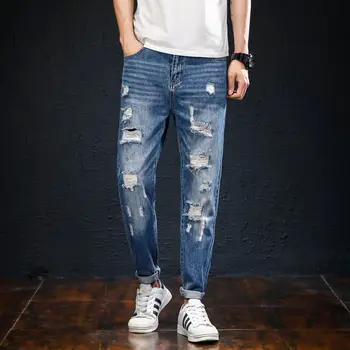 Новый стиль, рваные мужские узкие джинсы, европейские и американские маленькие брюки для нищих, узкие повседневные модные джинсы, брюки для одежды