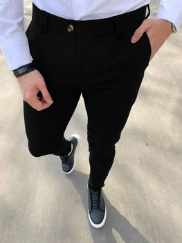  Облегающие элегантные брюки, мужские повседневные брюки в винтажном стиле слегка эластичные для делового отдыха