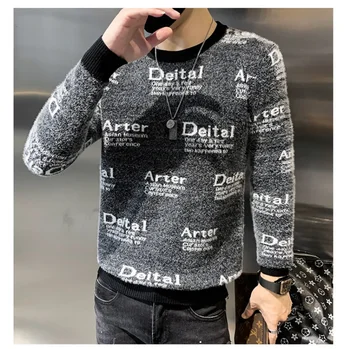 Осенний свитер для мужчин Вязаный свитер с круглым вырезом Корейский стиль Модный свитер с печатью букв Мужской пуловер Свитер Pull Homme