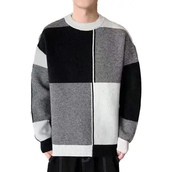 Повседневный мужской свитер Геометрический принт Колорблок Трикотажный мужской свитер для осени Зима Толстый теплый пуловер с O Neck и длинным рукавом