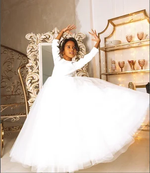 Простое Святое Первое Причастие Платье С Полным Рукавом Белый Цветок Девушка Платья Для Свадьбы Атласный Тюль Длинный Лук Вечеринка День Рождения Платье