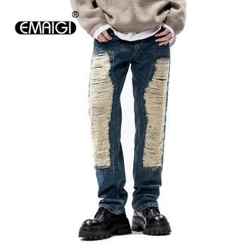 Рваные джинсы Мужчины Уличная одежда Мода Хип-хоп Свободный Повседневный Винтаж Сломанная дыра Выстиранный хлопок Джинсовая ткань Мешковатые джинсы Брюки Y2k Мужчина
