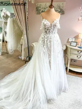 Реальное изображение с плеча Иллюзия Свадебные платья А-силуэт 3D Цветы Аппликации Кружева Свадебные платья