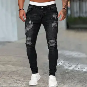 Ретро Стиль Мужские джинсы Стильные мужские рваные джинсы с приталенной дышащей тканью для хип-хоп уличной одежды Мода Средняя талия Пуговица