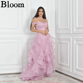 Розовые выпускные платья с открытыми плечами Оборки Настраиваемые вечерние платья принцессы длиной до пола Свадебное платье Arabia 2024