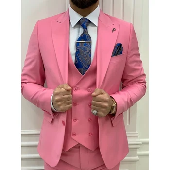 Розовые костюмы для мужчин Свадебный полный комплект Однобортный остроконечный лацкан Роскошный блейзер Новый 3 шт. Куртка Брюки Жилет Slim Fit Костюм