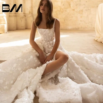 Романтическое блестящее свадебное платье из тюля с элегантным квадратным вырезом 3D цветочные аппликации невесты платья с высоким разрезом De Marie