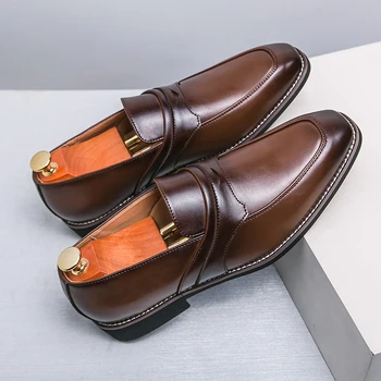 Роскошная мужская обувь из натуральной кожи Дизайн с двойной пряжкой Скольжение на свадебной вечеринке Офисное платье Обувь для мужчин Черная синяя обувь 2023 Новый