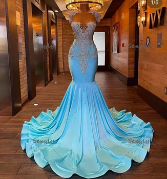 Роскошные выпускные платья с кристаллом русалки для чернокожих девушек Элегантное длинное синее вечернее платье Aso Ebi Рукав с открытой спиной 2023 Party Платья