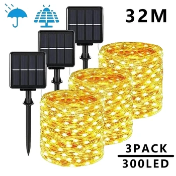  Сверхдлинные солнечные гирлянды Fairy String Lights 300 LED Outdoor Twinkle Lamp 8 Mode Copper Wire Lights for Tree Garden Pool Party