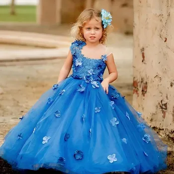Синий Кружевной Цветочный Платье Девушки Бальное Платье Прозрачная Шея Ручная Работа Цветы Lilttle Дети День Рождения Свадебные Платья