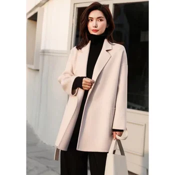 Уличная мода Куртки для женской одежды 2023 зима 100% шерстяное пальто - это минимализм Water Ripple Loose ручной работы со шнуровкой