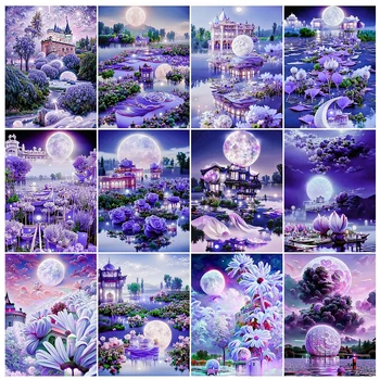 Фэнтезийный пейзаж DIY 5D Алмазная живопись Фиолетовый цветок Озеро Пейзаж Алмазная мозаика Полное сверло Вышивка Домашний декор Настенное искусство