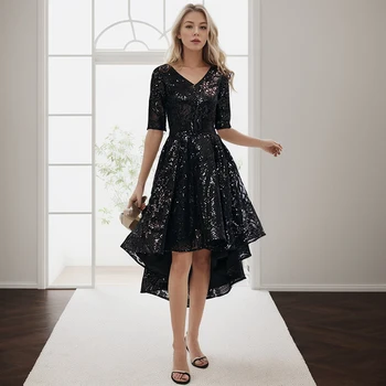  Черные короткие выпускные платья с пайетками 2023 Элегантные блестящие высокие низкие вечерние платья с V-образным вырезом для коктейльной вечеринки