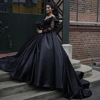 Черный Бальное Платье Свадебные Платья Sweep Train Атлас Vestidos De Novia Illusion One Свадебные платья с длинным рукавом