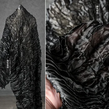 Черный шифон плиссированная ткань креп текстура мягкая прозрачная одежда платье дизайнерская ткань на метр для diy швейный материал