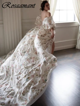 Элегантные свадебные платья с цветочным принтом А-силуэт с открытыми плечами Свадебные платья с половиной рукава Robe De Mariée