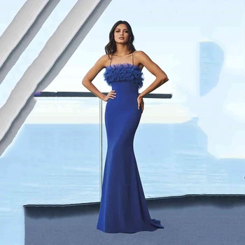 Элегантный синий очаровательный выпускной вечер русалка платья с открытой спиной атлас длинные вечерние спагетти на бретелях возвращение домой выпускной торжественное платье для вечеринки